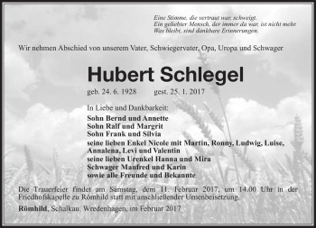 Traueranzeige von Hubert Schlegel von Südthüringer Presse