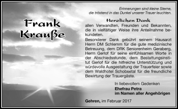 Traueranzeige von Frank Krauße von Südthüringer Presse