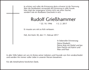 Traueranzeige von Rudolf Grießhammer von Frankenpost