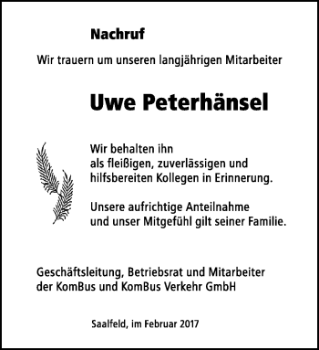 Traueranzeige von Uwe Peterhänsel von Südthüringer Presse
