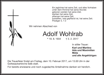 Traueranzeige von Adolf Wohlrab von Frankenpost
