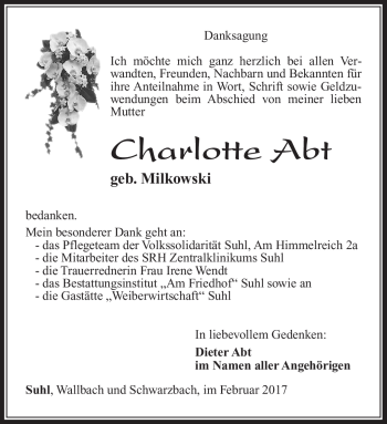 Traueranzeige von Charlotte Abt von Südthüringer Presse
