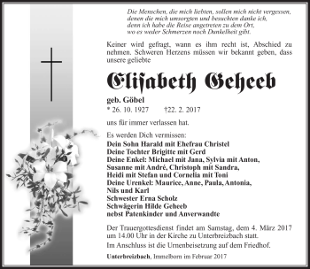 Traueranzeige von Elisabeth Geheeb von Südthüringer Presse