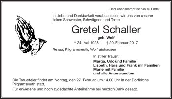 Traueranzeige von Gretel Schaller von Frankenpost