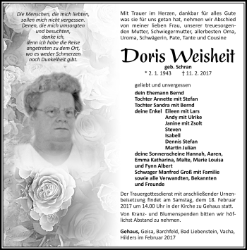 Traueranzeige von Doris Weisheit von Südthüringer Presse