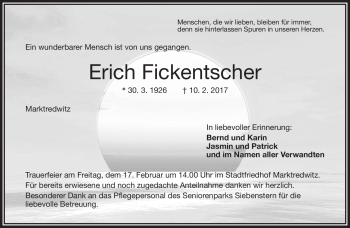 Traueranzeige von Erich Fickentscher von Frankenpost