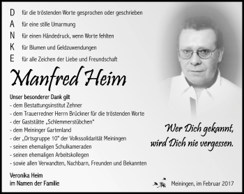 Traueranzeige von Manfred Heim von Südthüringer Presse