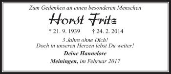 Traueranzeige von Horst Fritz von Südthüringer Presse