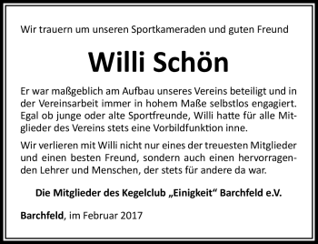 Traueranzeige von Willi Schön von Südthüringer Presse