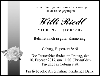 Traueranzeige von Willi Riedl von Neue Presse Coburg