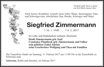 Traueranzeige von Siegfried Zimmermann von Südthüringer Presse
