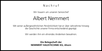 Traueranzeige von Albert Nemmert von Neue Presse Coburg