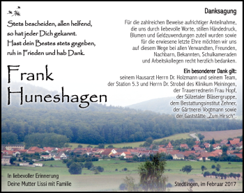 Traueranzeige von Frank Huneshagen von Südthüringer Presse