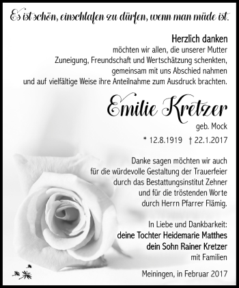 Traueranzeige von Emilie Kretzer von Südthüringer Presse