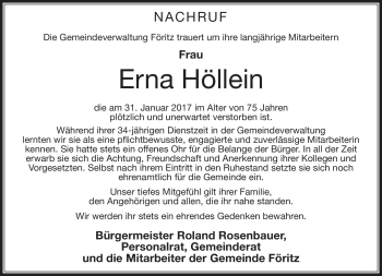 Traueranzeige von Erna Höllein von Südthüringer Presse