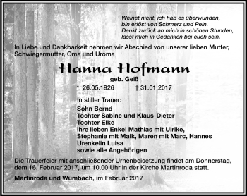 Traueranzeige von Hanna Hofmann von Südthüringer Presse