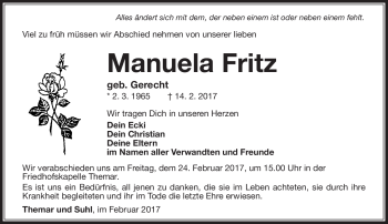 Traueranzeige von Manuela Fritz von Südthüringer Presse