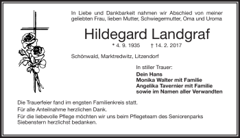 Traueranzeige von Hildegard Landgraf von Frankenpost