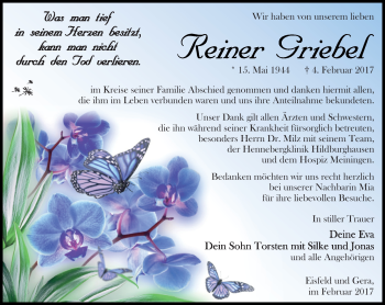 Traueranzeige von Reiner Griebel von Südthüringer Presse