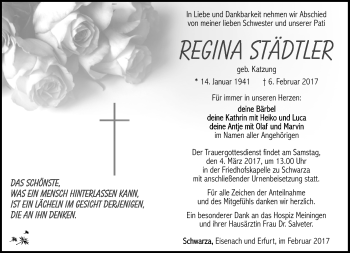 Traueranzeige von Regina Städtler von Südthüringer Presse