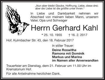 Traueranzeige von Gerhard Kahl von Frankenpost