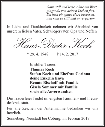 Traueranzeige von Hans-Dieter Koch von Südthüringer Presse