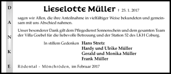 Traueranzeige von Lieselotte Müller von Neue Presse Coburg