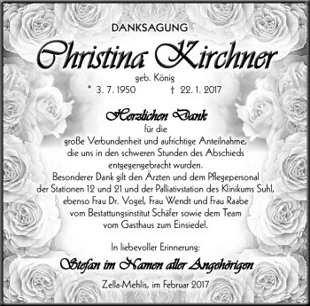 Traueranzeige von Christina Kirchner von Südthüringer Presse