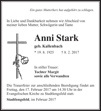 Traueranzeige von Anni Stark von Südthüringer Presse