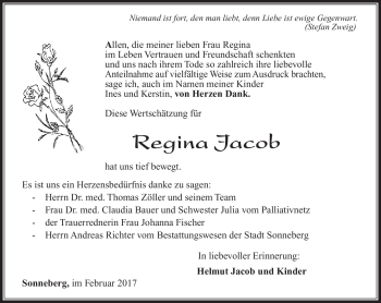 Traueranzeige von Regina Jacob von Südthüringer Presse
