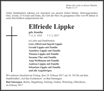 Traueranzeige von Elfriede Lippke von Südthüringer Presse