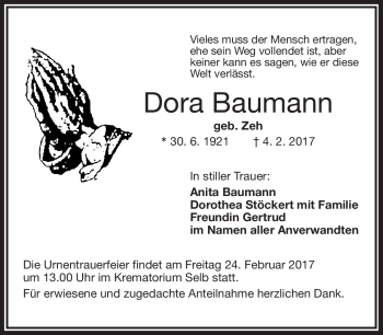 Traueranzeige von Dora Baumann von Frankenpost