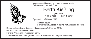 Traueranzeige von Berta Kießling von Frankenpost