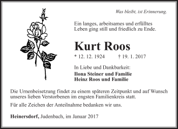 Traueranzeige von Kurt Roos von Südthüringer Presse