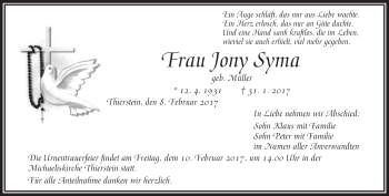 Traueranzeige von Jony Syma von Frankenpost
