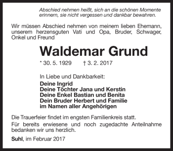Traueranzeige von Waldemar Grund von Südthüringer Presse