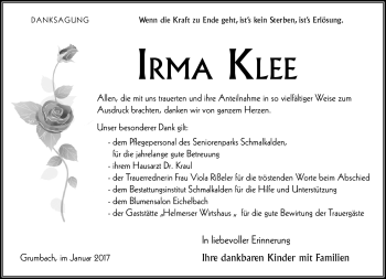 Traueranzeige von Irma Klee von Südthüringer Presse