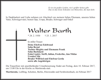Traueranzeige von Walter Barth von Südthüringer Presse