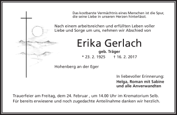 Traueranzeige von Erika Gerlach von Frankenpost