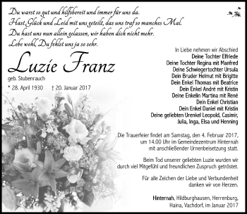 Traueranzeige von Luzie Franz von Südthüringer Presse