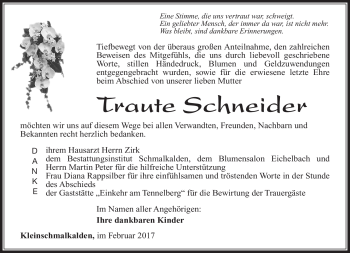 Traueranzeige von Traute Schneider von Südthüringer Presse