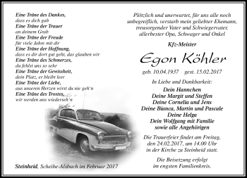 Traueranzeige von Egon Köhler von Südthüringer Presse