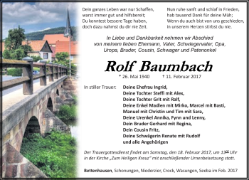 Traueranzeige von Rolf Baumbach von Südthüringer Presse