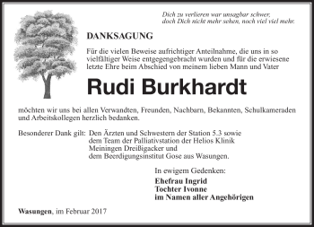 Traueranzeige von Rudi Burkhardt von Südthüringer Presse
