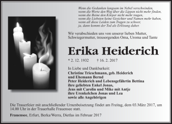 Traueranzeige von Erika Heiderich von Südthüringer Presse
