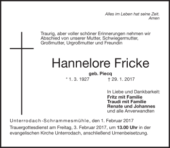 Traueranzeige von Hannelore Fricke von Neue Presse Coburg
