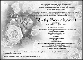 Traueranzeige von Ruth Borchardt von Südthüringer Presse