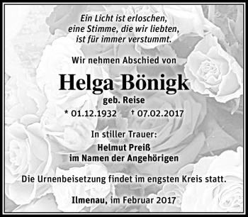 Traueranzeige von Helga Bönigk von Südthüringer Presse