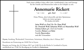 Traueranzeige von Annemarie Rickert von Neue Presse Coburg