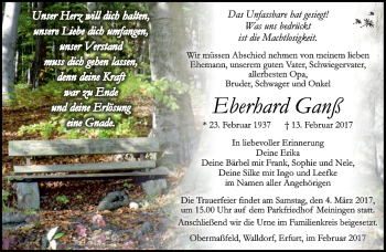 Traueranzeige von Eberhard Ganß von Südthüringer Presse
